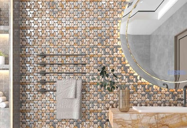 a bathroom with a stone wall and a mirror