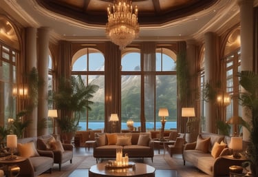 Cozy hotel room with a beautiful city view at sunset.