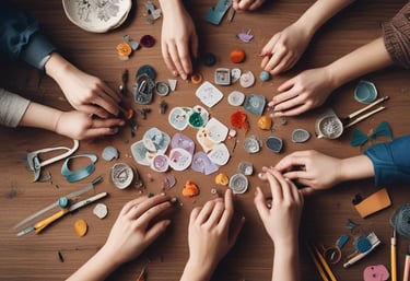 Children planting seeds in rich soil under a bright sky.