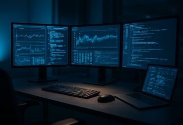 A high-tech workspace featuring multiple monitors showing complex data and code, with soft blue ambient lighting. This represents the company's IT and research capabilities, focusing on a clean and innovative technological environment.