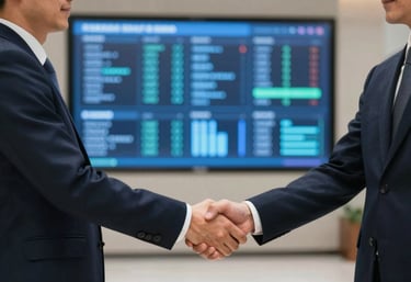 Two business professionals in a modern lobby engaged in a handshake, with a large digital data screen in the background. Professional, trust-building, premium atmosphere.