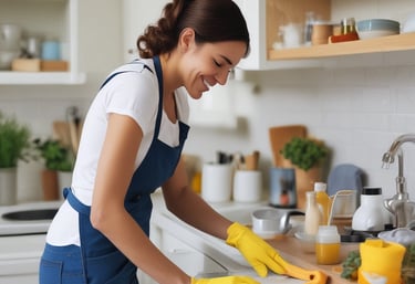 A professional cleaner wiping down a kitchen countertop with a spray bottle and cloth.