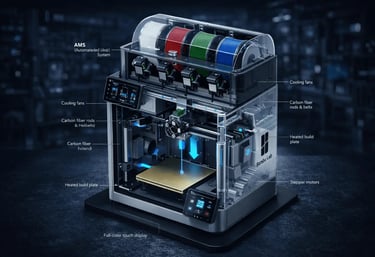 Technical comparison of FDM and Resin 3D printers with hardware specifications and data overlay.