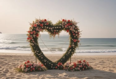 A romantic beach setup featuring a heart-shaped flower arch glowing under soft sunset light.
