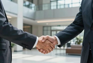 A professional handshake between two partners in a bright North American / US corporate lobby with steel gray-blue accents.