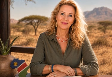 Blonde woman sitting at a wooden table in the Namibian desert with a travel journal and map decor.