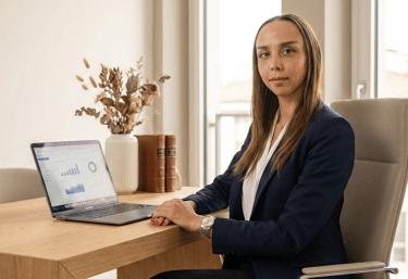 esperta di marketing e strategia aziendale seduta alla scrivania analizza i dati e crea la comunicazione aziendale