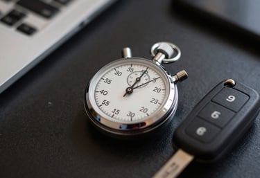 A close-up of a stopwatch and a car key on a dark desk, symbolizing the speed and efficiency of our car buying process.