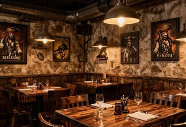 Cozy restaurant interior with warm lighting and a table set for a family meal.