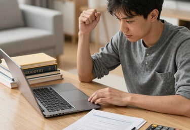 Close-up of hands signing loan documents with a calculator nearby.