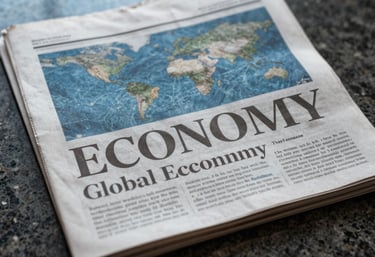 A close-up of a high-quality newspaper showing a headline about the global economy, resting on a polished marble surface. Colors: muted ocean blue and deep midnight blue.