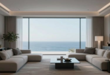 Interior of a modern luxury living room with floor-to-ceiling windows showing the sea, minimalist decor in #F5F7F8 and #A8B6C7.