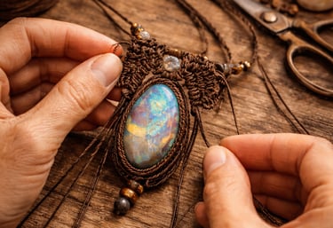 Collar de macramé en color cafe con piedra ópalo montada