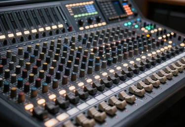Wide shot of a modern radio mixing console with glowing white and gold lights in a dark room, sophisticated atmosphere.