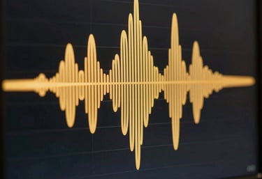 An artistic shot of a radio waveform displayed on a sleek black screen with gold-colored peaks and valleys.