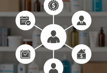 Customer satisfaction icon with hand and pencil over a blurred pharmacy retail shelf background.