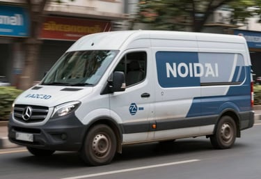 A professional service vehicle with a clean, branded wrap in #1A2C3D and #4F6D7A, moving efficiently through a clean Noida street. The image suggests speed and promptness.