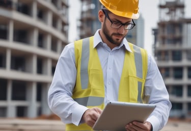 A construction site manager using a tablet to review project plans with workers in the background.