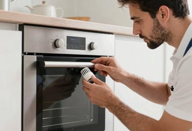 A technician testing the thermostat of a modern built-in oven, bright and clean Middle Eastern / Gulf residential kitchen, professional and trustworthy mood.