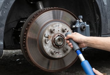 A Sunshine Pit Crew technician performing an oil change on a car parked in a residential driveway.