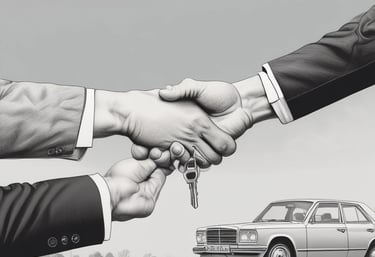 A sleek black luxury sedan parked on a city street at dusk with golden streetlights reflecting off its glossy surface.