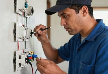 A handyman fixing a door lock in a bright, modern home.