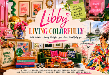 Vibrant maximalist interior design mood board featuring colorful home decor, pink accents, and a green velvet sofa.