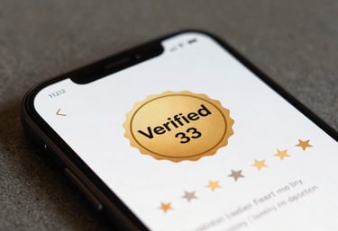 A close-up shot of a smartphone screen showing a 'Verified' badge in gold over a restaurant review. Elegant and clean interface design, photographed in a professional Western European / Dutch setting.
