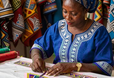 A close-up of a vibrant African textile artwork displayed at the fair.