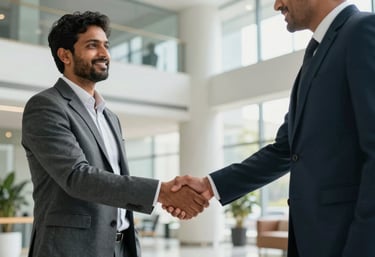 Two professionals in corporate attire shaking hands in a bright, modern lobby of a South Asian business center, representing a successful partnership.