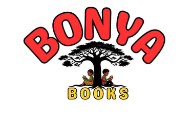 Bonya Books logo featuring a Baobab tree with two Black children reading underneath