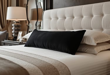 Luxury short term rental bedroom featuring a tufted fabric headboard and a decorative pillow