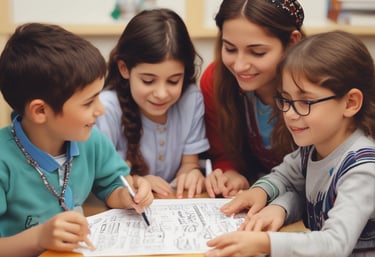 A warm classroom scene with diverse students learning Arabic, decorated in green and orange tones.