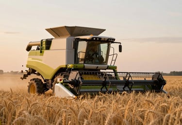 A modern agricultural combine harvester operating in a golden wheat field during sunset, captured with a professional cinematic style that highlights technological advancement in farming.