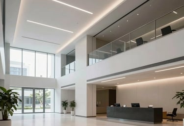 A futuristic corporate lobby in India with minimalist design, clean lines, and high-quality materials, reflecting global standards of excellence.