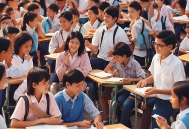 A lively classroom scene with a mentor guiding engaged students using interactive digital tools.