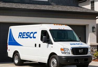A white professional service truck with clean blue branding parked in a sunny North American driveway in front of a modern home with a beautiful dark slate garage door.
