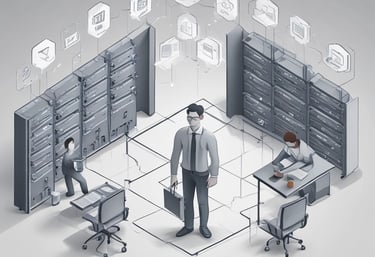 A sleek, high-tech workspace showcasing cloud computing and software development in action.