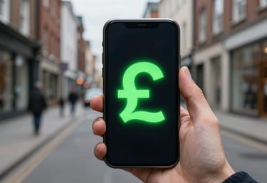 A vibrant green icon of a pound sign glowing on a mobile screen held by a person in a Northern European / British urban environment, symbolizing financial savings and efficiency.