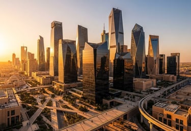 Wide architectural shot of the King Abdullah Financial District in Riyadh at golden hour, sharp geometric shadows, warm light reflecting on obsidian glass structures.