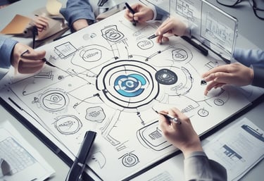 A professional team collaborating around a table with charts and laptops.