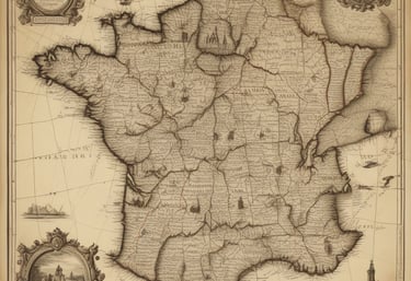 A vintage-style map of France highlighting historical landmarks with warm golden tones.