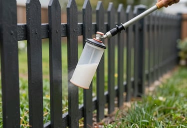 A close-up of a garden fence being revitalized with a professional spray coat of dark protective finish. The surrounding grass is neatly protected.
