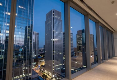 Perspective photography through a high-tech office window showing an urban cityscape with steel blue glass towers, deep blue skyline at dusk, global / tech-savvy.