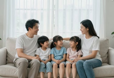 A happy family relaxing on a couch in a bright, cool North American / US living room, with a subtle breeze effect on the curtains suggesting a working AC system. The colors are off-white and light blue.