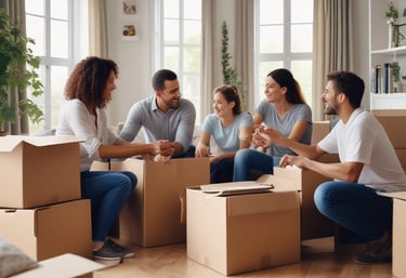 A warm, inviting office facade of a Medellín real estate agency with friendly staff welcoming clients.