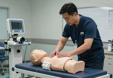 A CPR training instructor demonstrating technique on a manikin in a clean, professional training room in North America, using blue and slate-colored equipment.