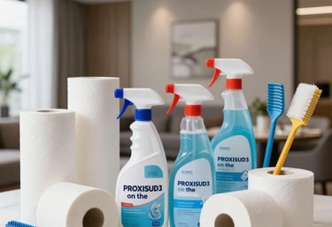 A bright, clean workspace with various professional cleaning products neatly arranged.