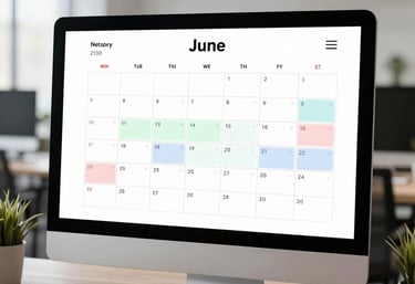 A desktop computer displaying a June monthly calendar planning software on an office desk.