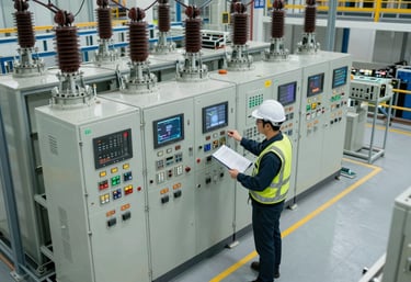 An eye-level photography shot of a professional engineer inspecting a massive electrical grid control unit in a modern tech hub, Global / Industrial.